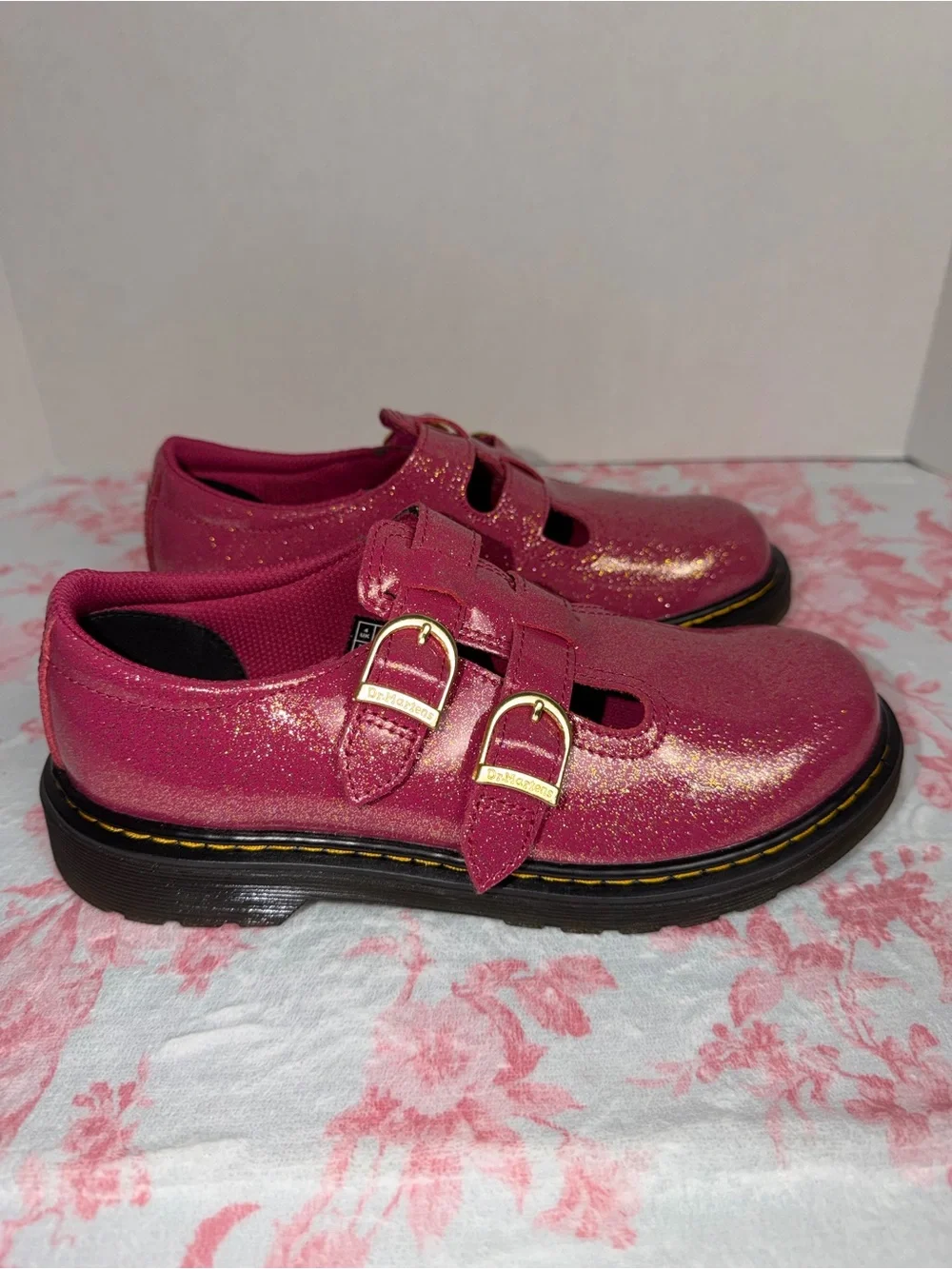 Dr. Martens Kids Glitter Mary Jane Shoes in Hot Pink